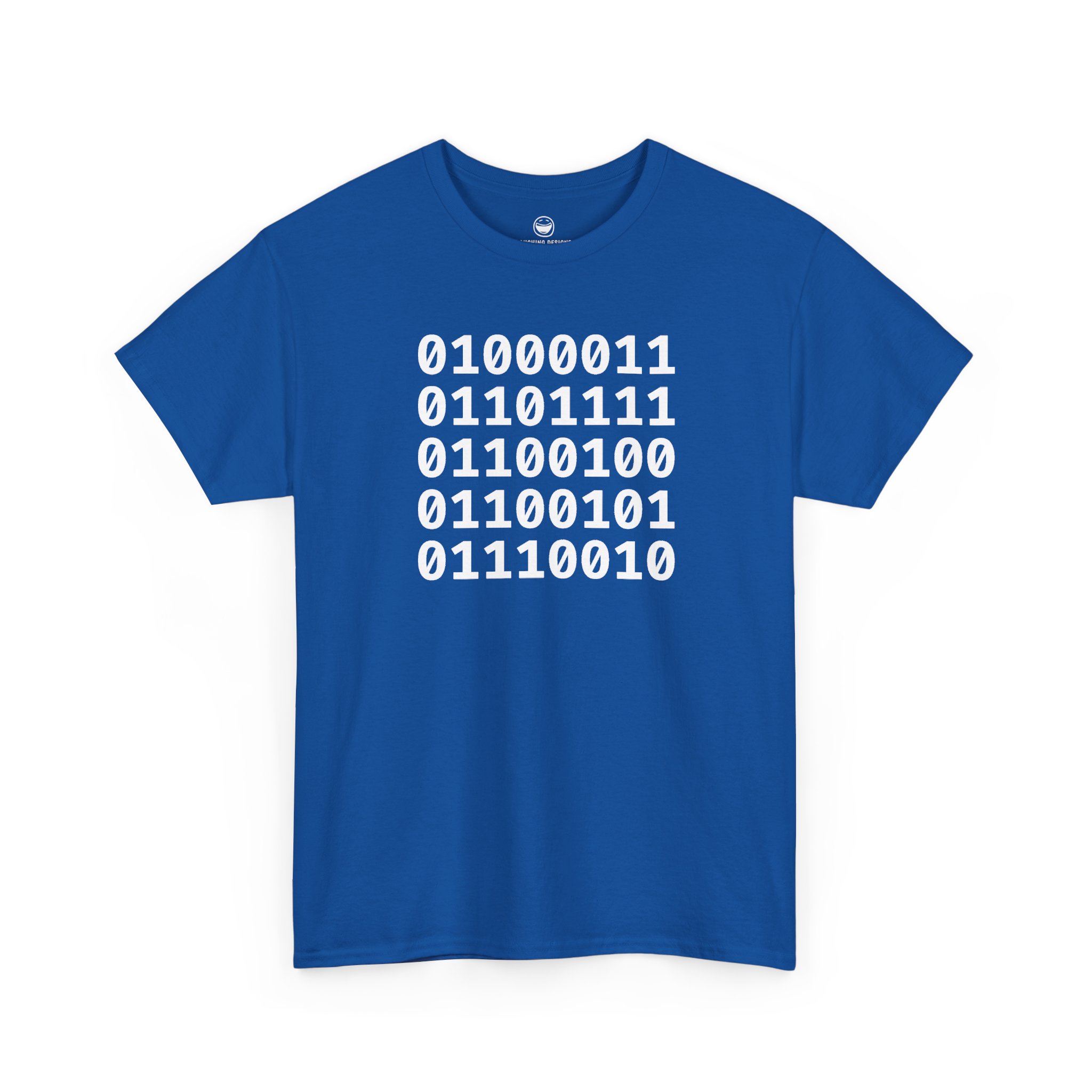 Binary Code Coder T-Shirt with five stacked 8-bit binary lines spelling Coder on a Royal Blue cotton shirt.