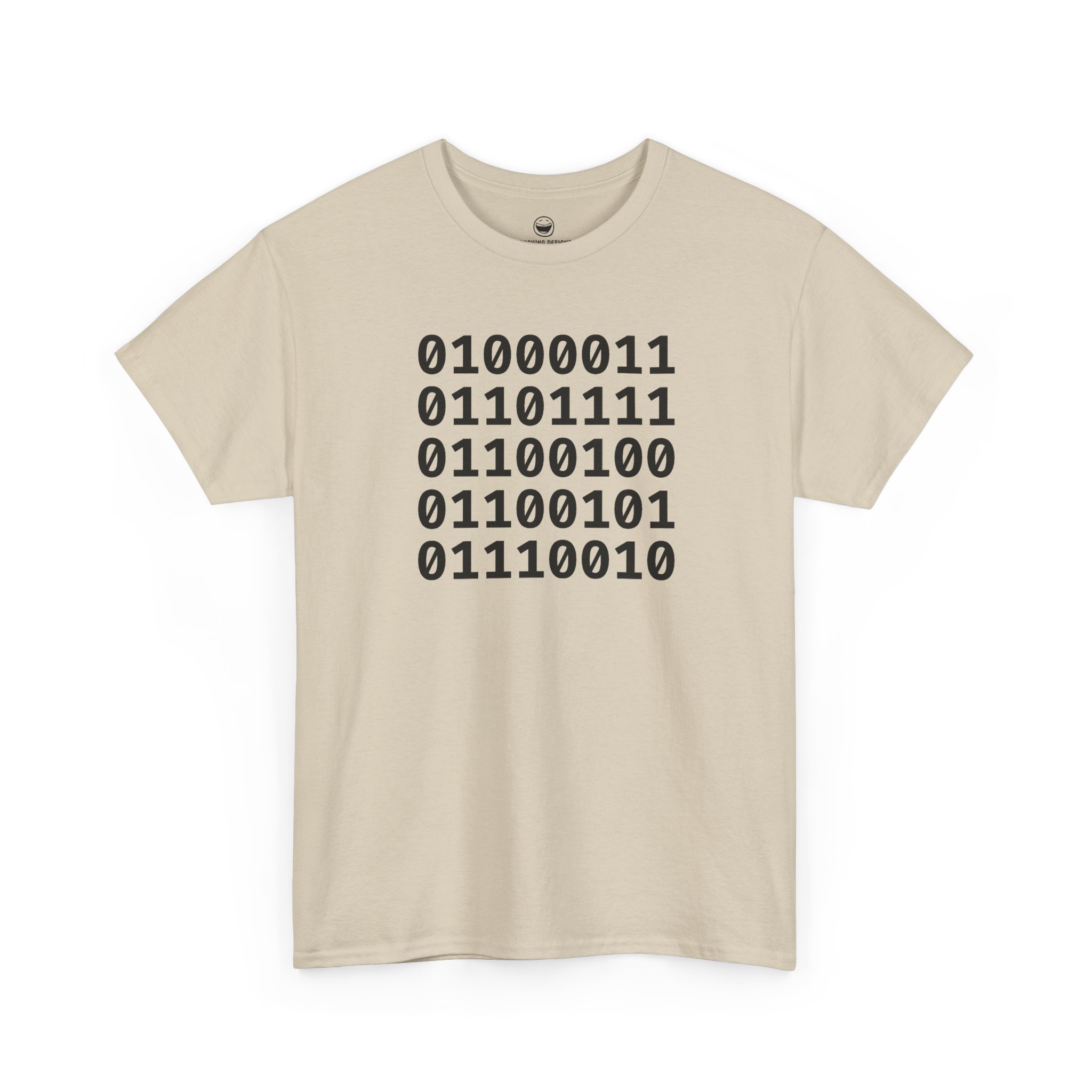 Binary Code Coder T-Shirt with five stacked 8-bit binary lines spelling Coder on a Sand color cotton shirt.