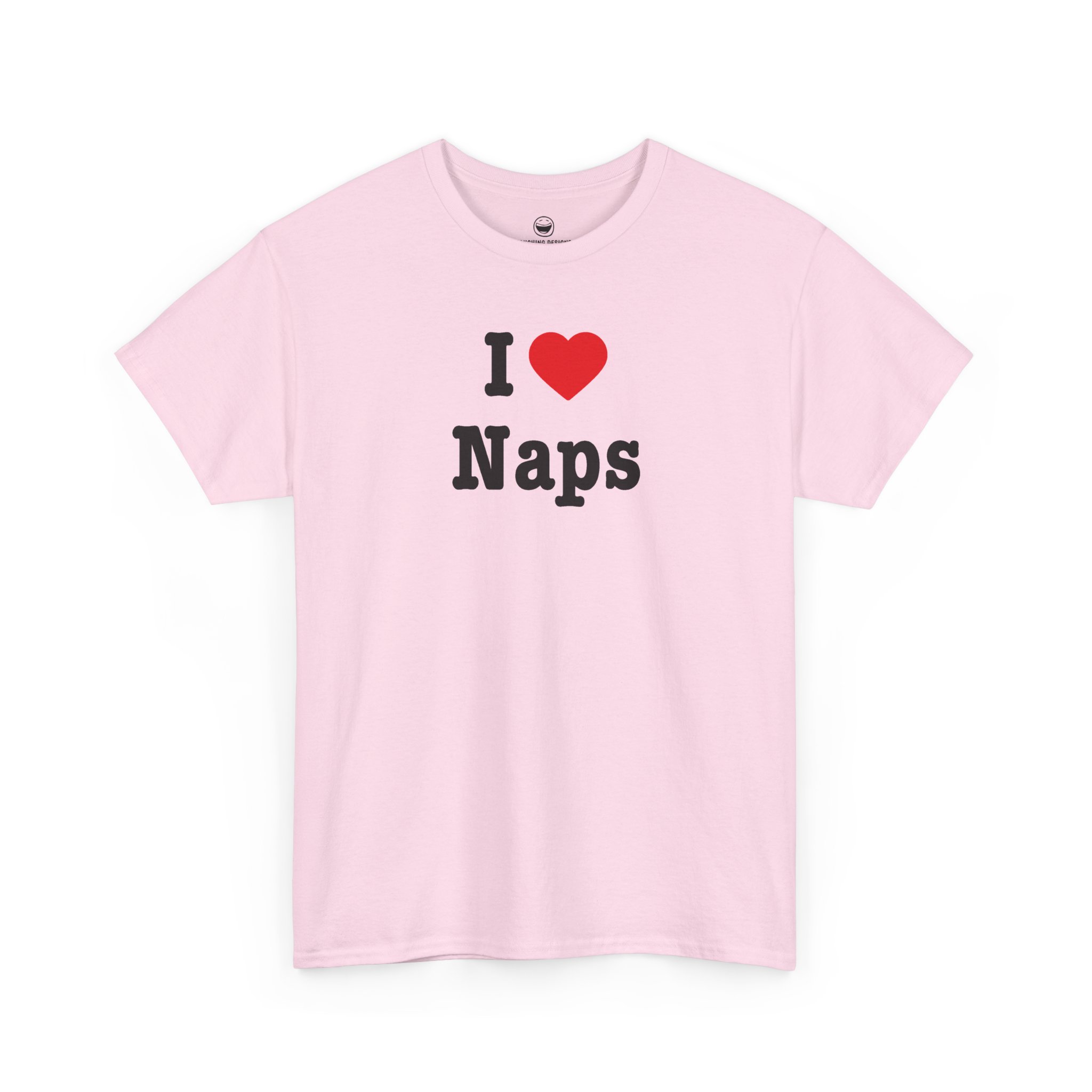 I Love Naps T-Shirt with bold black lettering, bright red heart, and word Naps on a Light Pink cotton shirt.