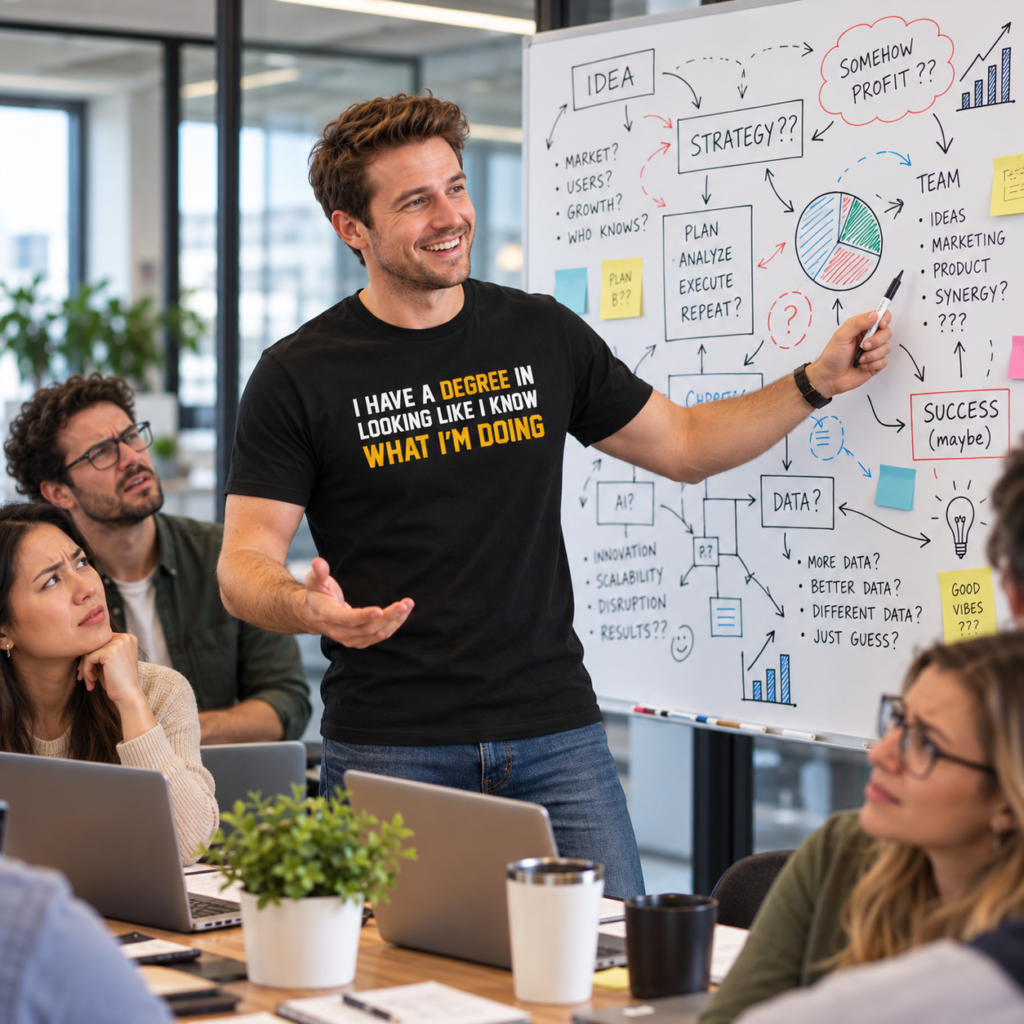 Man in a office meeting room wareing a I Have A Degree T-Shirt with white and gold text reading I Have A Degree In Looking Like I Know What I'm Doing on a Black cotton shirt.