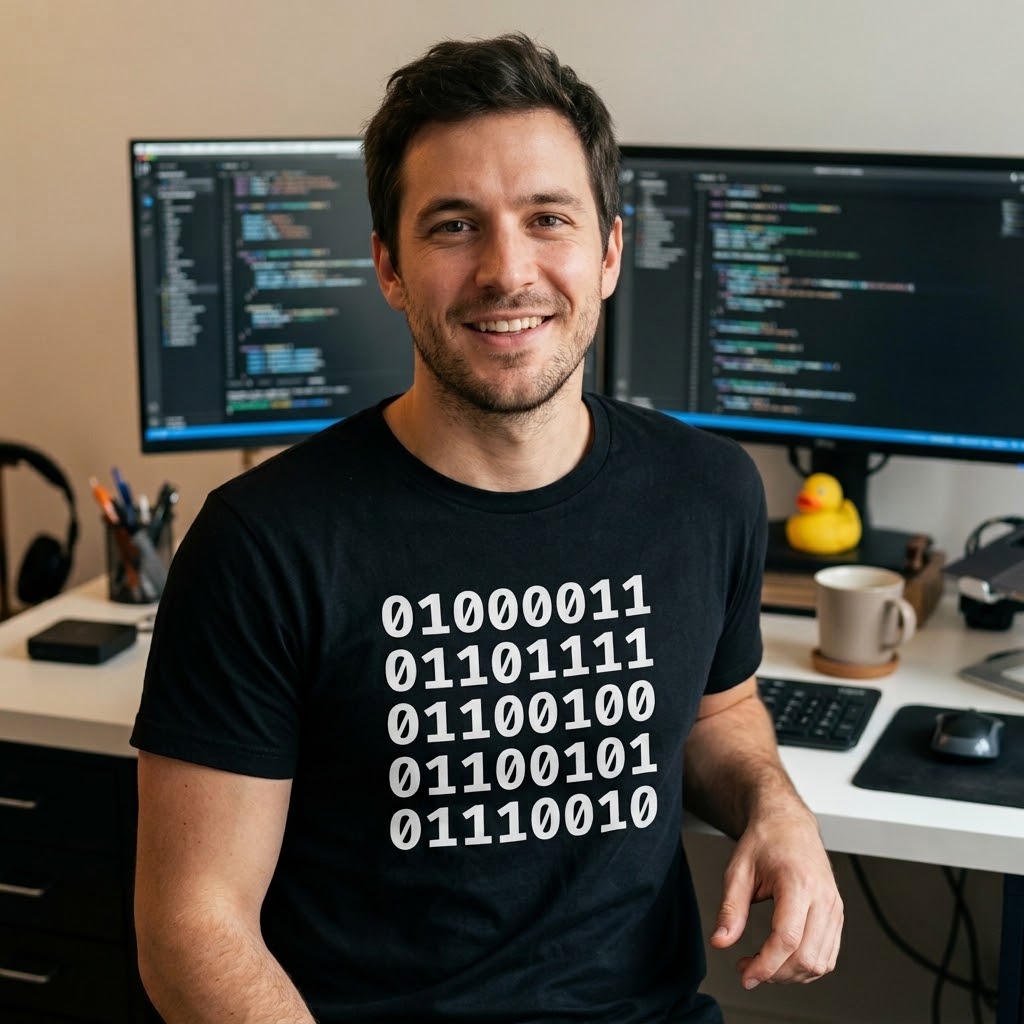 Man wearing a Binary Code Coder T-Shirt with five stacked 8-bit binary lines spelling Coder on a Black cotton shirt.