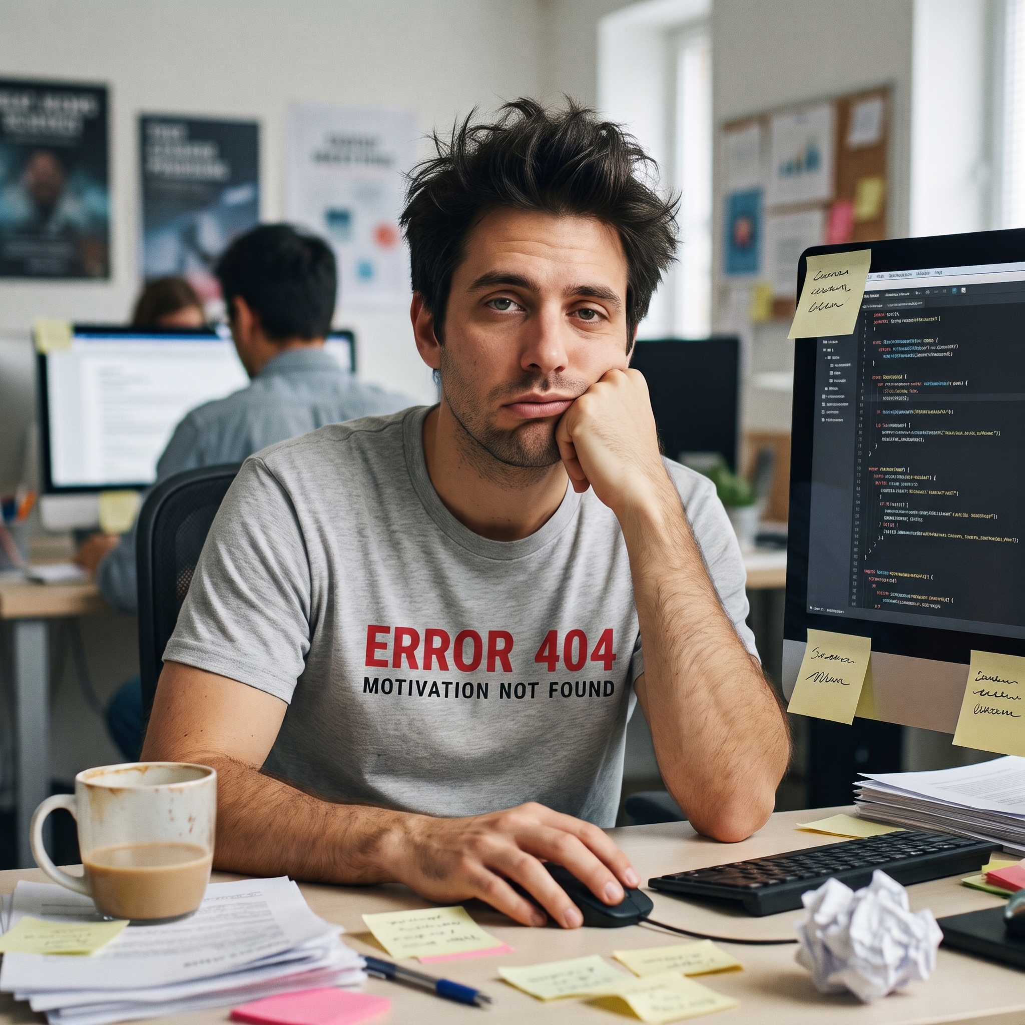 Tired looking office worker wearing a Error 404 Motivation Not Found T-Shirt.