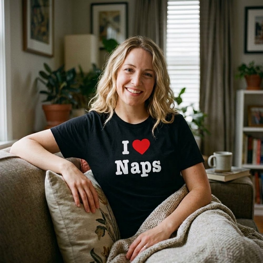 Woman with blond hair sitting on the couch wearing Laughing Designs I Love Naps T-shirt.
